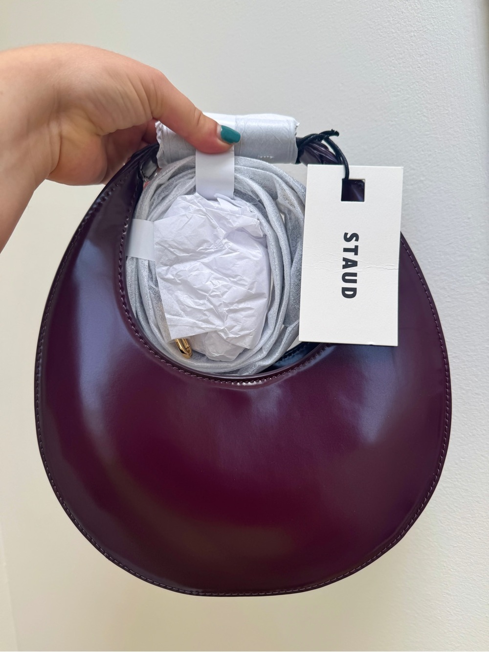 NWT Staud Mini Moon Purse in Syrah Burgundy Leather, Crossbody Bag , brand NEW - Picture 1 of 16